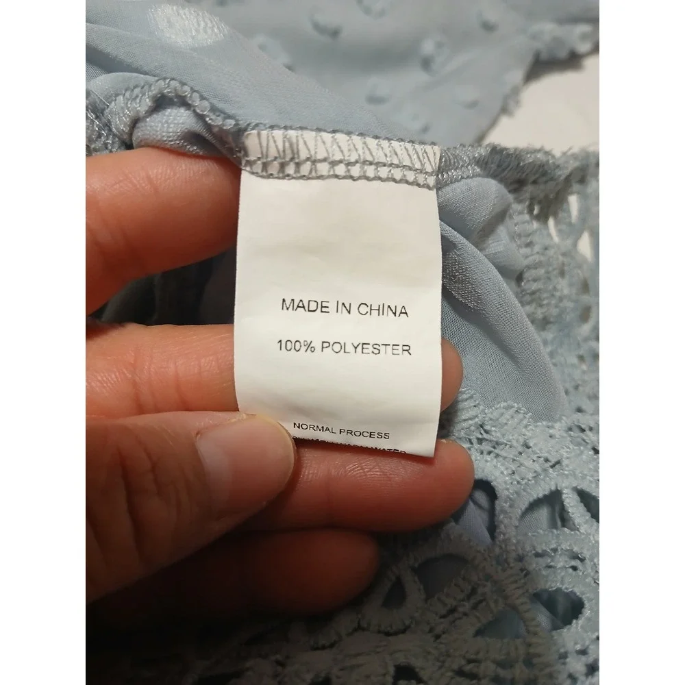 Simplee Light Blue Swiss Dot Crochet Lace Mini Dress Long Sleeve Size L - Picture 9 of 9